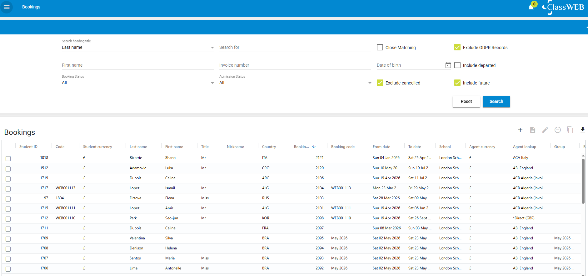 Class enrolments browse screen showing student search