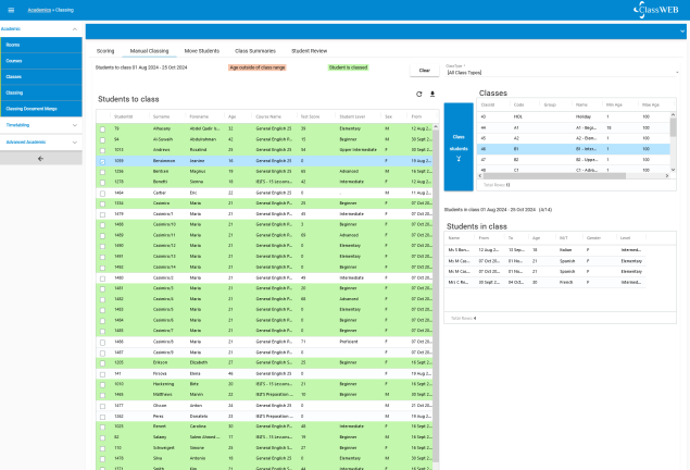 Class classing screen showing student level assignment
