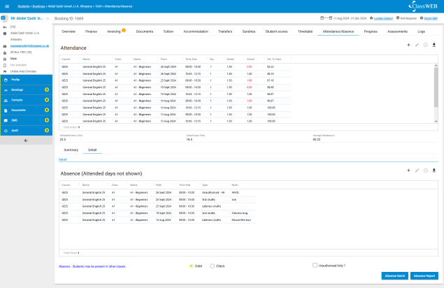 Attendance and absence tracking screen
