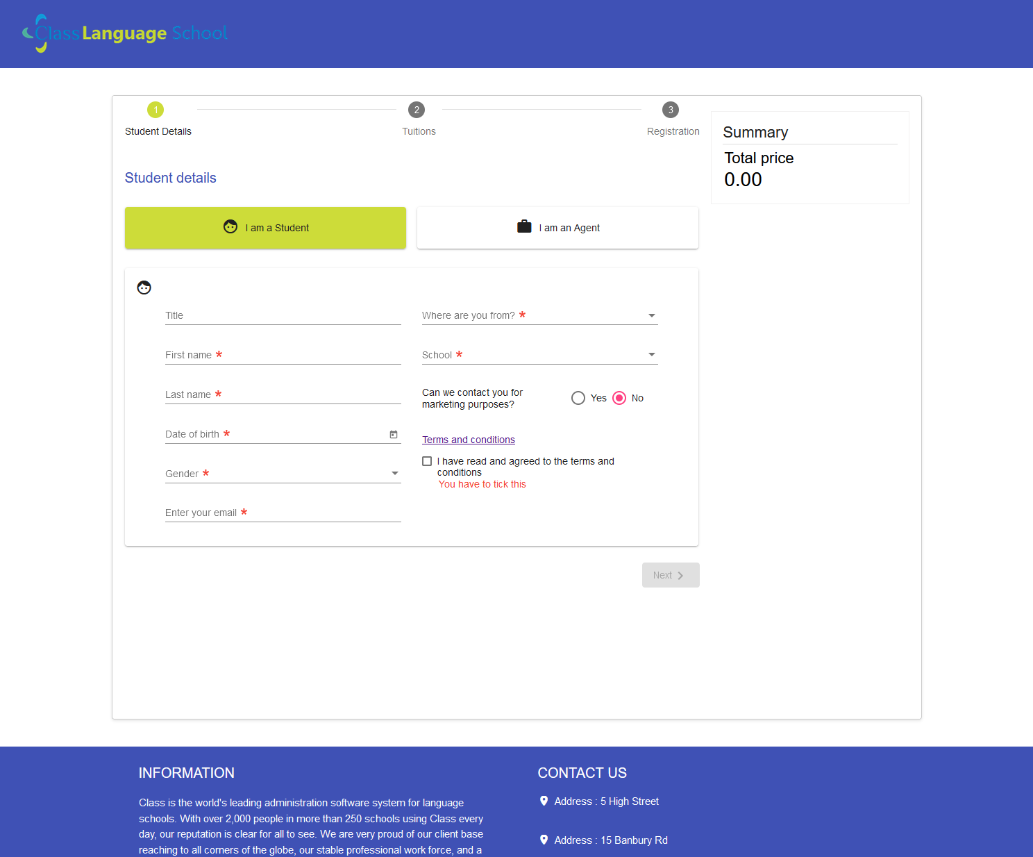 Class Online Toolkit booking form