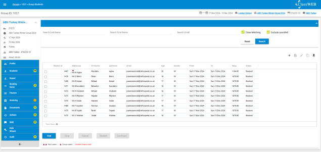 Class groups management screen