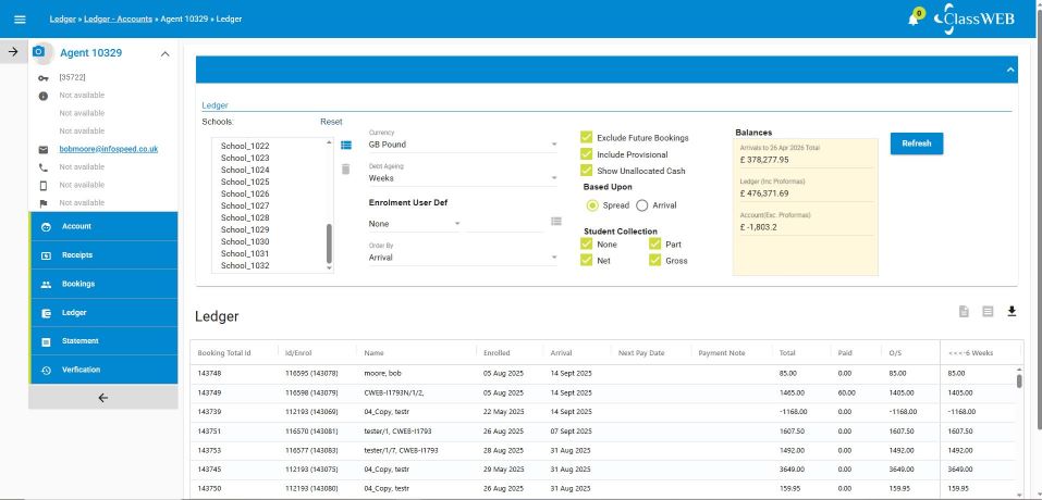 Class ledger receipts screen