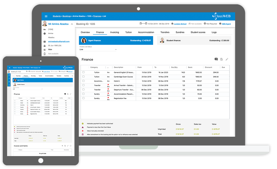 Class Web browser interface showing student management